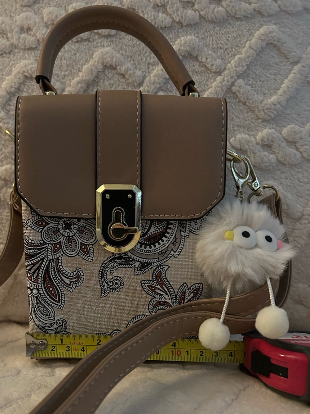 Taupe Mini Top-Handle Crossbody Bag with Charm